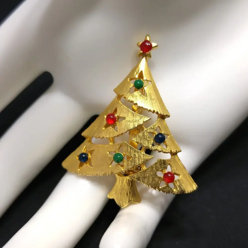 Vintage Eisenberg Ice Christmas Tree Brooch 1960s Gold Multicolor Beads Signed